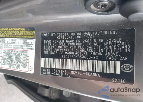 2005 Toyota Camry Le V6 from USA, damaged, VIN 4T1BF30K95U606483